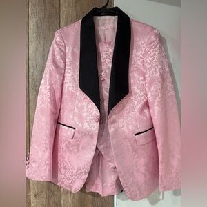 Men's Light Pink Paisley Tuxedo Jacket with Black Shawl Lapel, Vest, and Pants